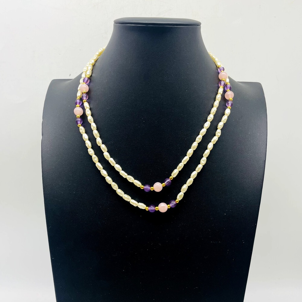 Vintage Necklace Freshwater Pearl Pink Purple Gold Tone Single Strand Beaded